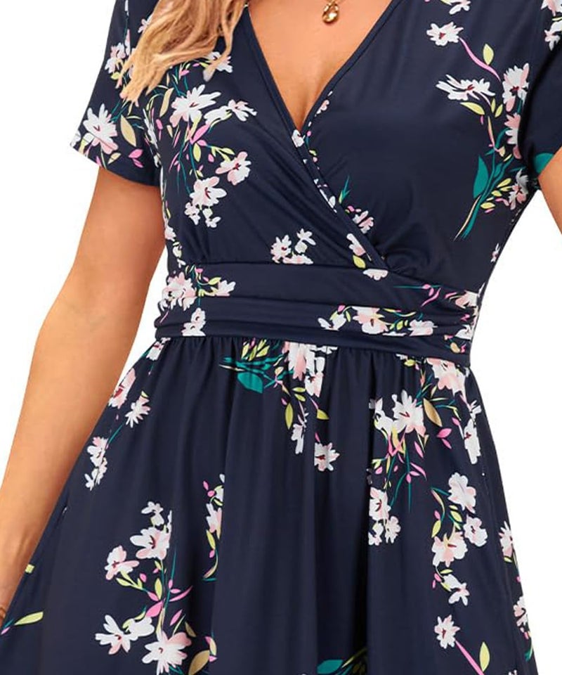 OUGES Casual Spring Summer Dress for Women 2026 Wrap V Neck A Line Midi Party Dresses with Pockets(Florals,L) - Image 3